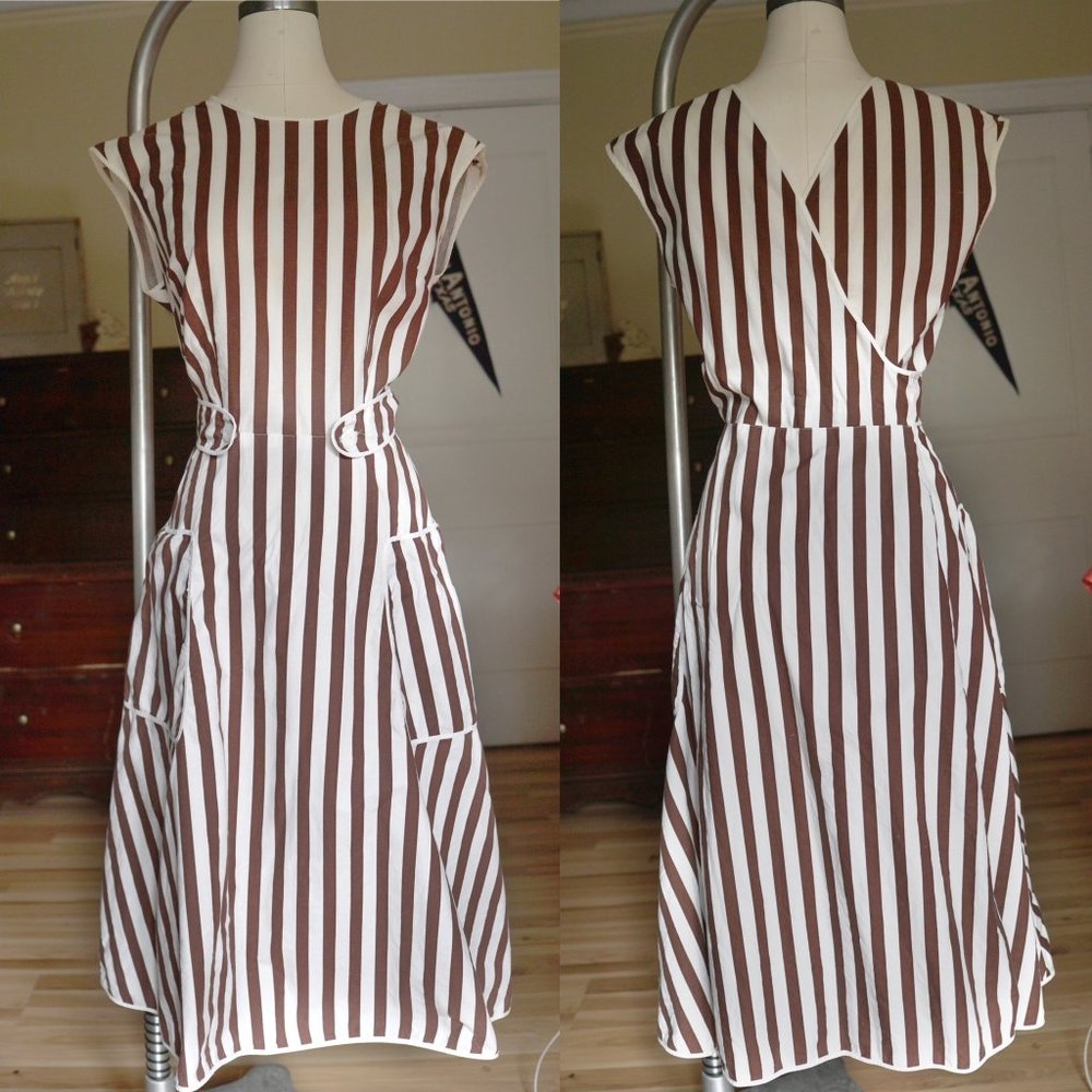 50s / 1950s Brown Stripe Cotton Wrap Dress